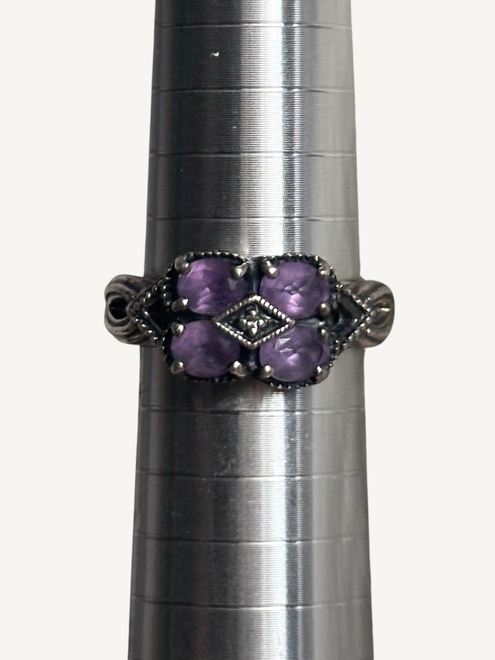 Sterling Silver Amethyst Marcasite Ring Size 8.25 Victorian Revival 925